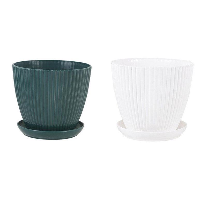 6PCS Simple Plastic Round Plant Pots Vertical Stripes Flower Pot Green Gardening - White