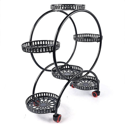 6 Pot Plant Stand with Wheels 4 Tier Rolling Plant Shelf Flower Display Rack Black