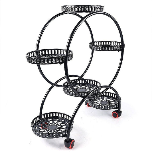 6 Pot Plant Stand with Wheels 4 Tier Rolling Plant Shelf Flower Display Rack Black
