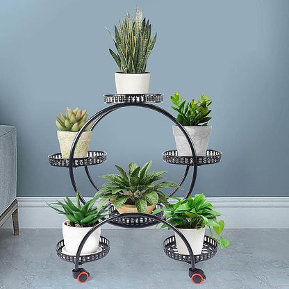 6 Pot Plant Stand with Wheels 4 Tier Rolling Plant Shelf Flower Display Rack Black