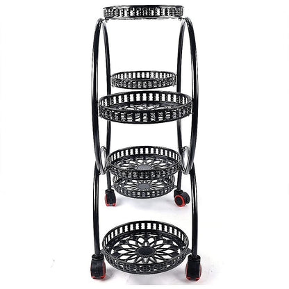 6 Pot Plant Stand with Wheels 4 Tier Rolling Plant Shelf Flower Display Rack Black