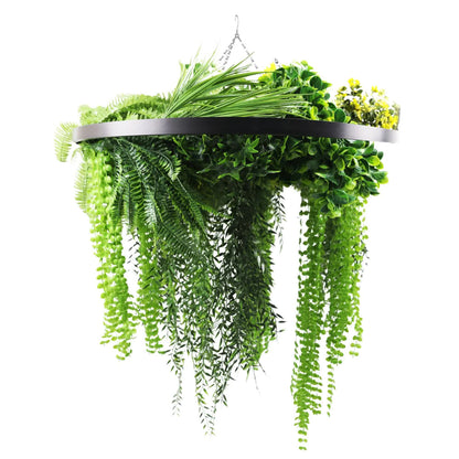 Black Framed Roof Hanging Disc With Draping Life-Like Ferns and Plants 80cm UV Resistant