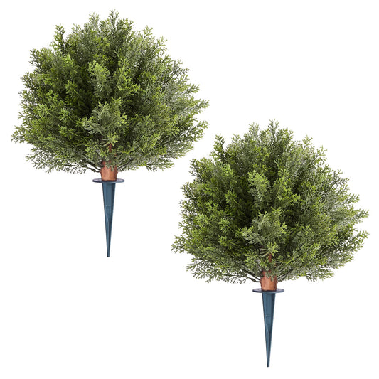 VEVOR Artificial Topiary Cypress Trees with Ground Spike, 2 Set 406mm Faux Shrubs & Bushes Potted Plants, Fake Silk Tree Look Real for Decor Front Porch Outdoor Indoor Patio Garden Balcony Backyard