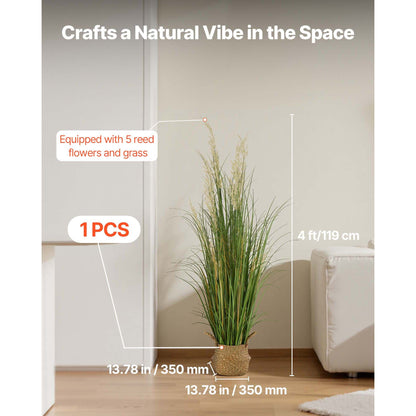 Artificial Grass Plant, 1194mm Reed Flower Grass in Pot, Premium PVC Faux Fake Greenery Shrubs Plant for Indoor Outdoor House Home Garden Office Room Décor, Housewarming, 1 Pack Green