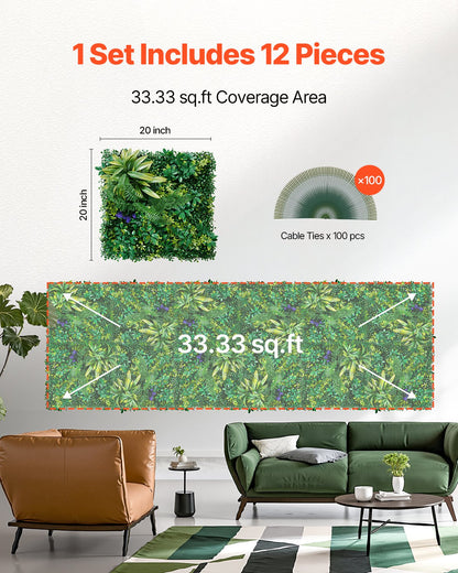 VEVOR Artificial Grass Wall Panels, 12 PCS 20 x 20 inch, 3D Combination Greenery Boxwood  Panel for Indoor Outdoor Green Decor & Ivy Fence Covering, Privacy Backdrop Wall Hedge Screen for Garden