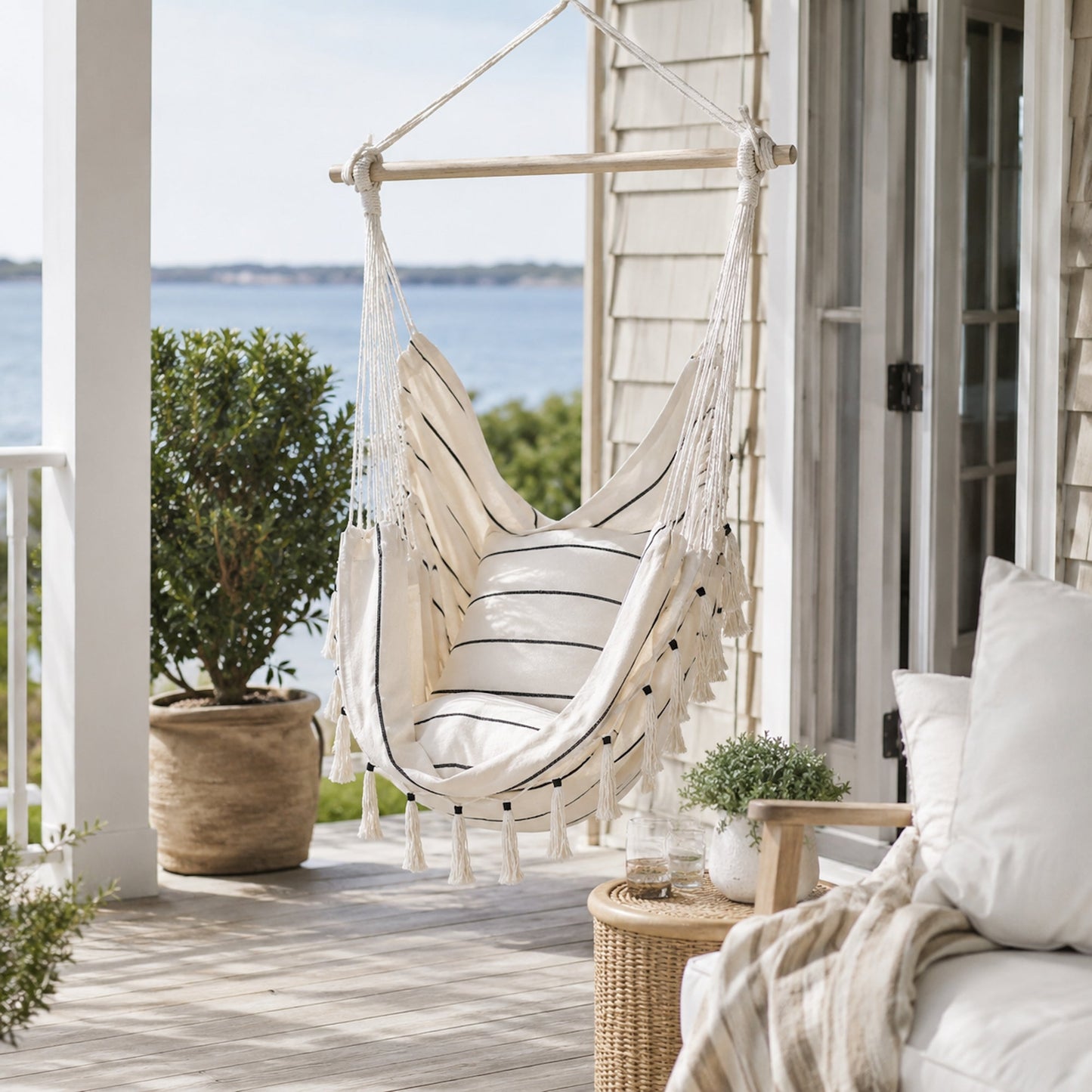Soho Pinstripe Hanging Hammock Chair with Matching Cushions - Cream